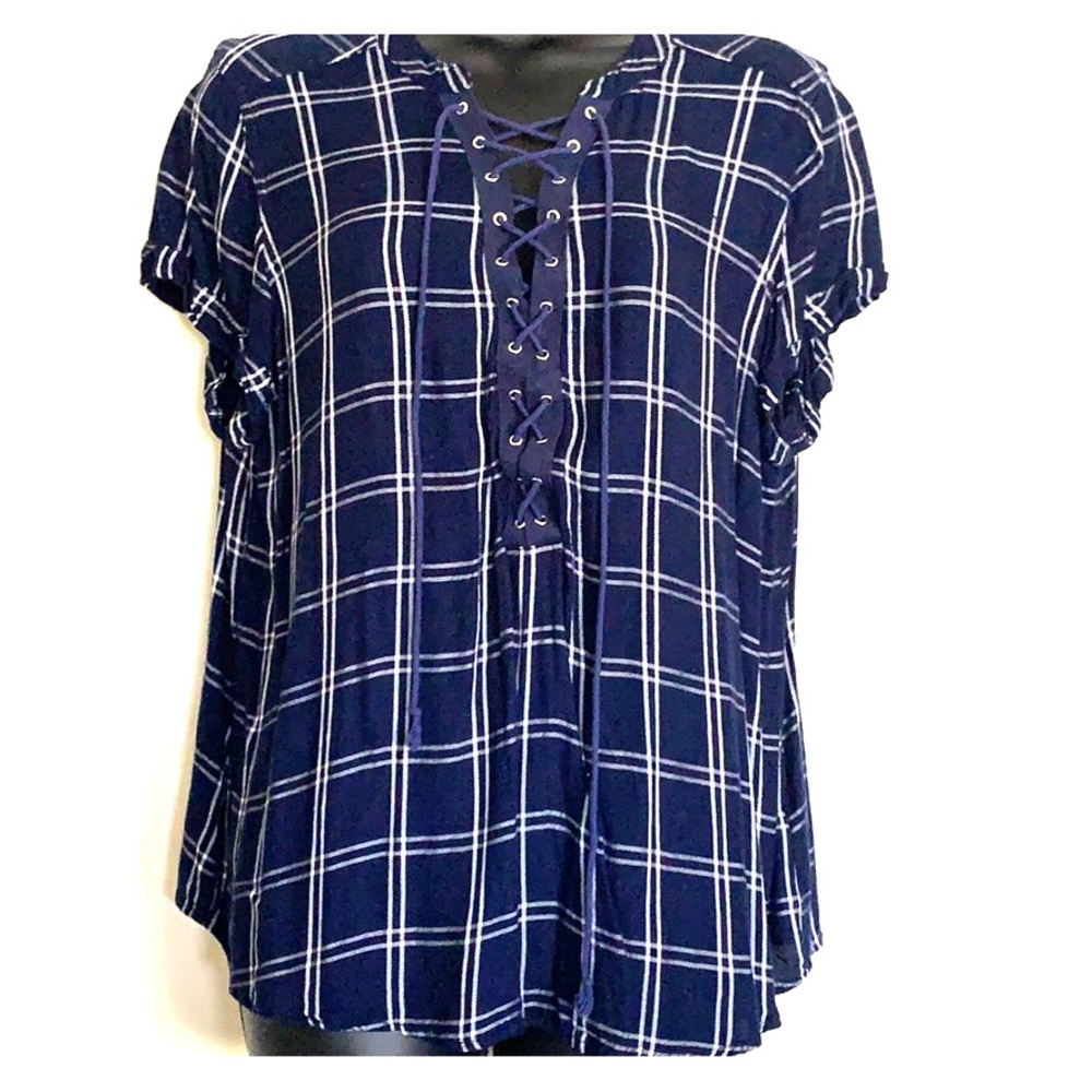 Express Plaid Lace up Blouse
